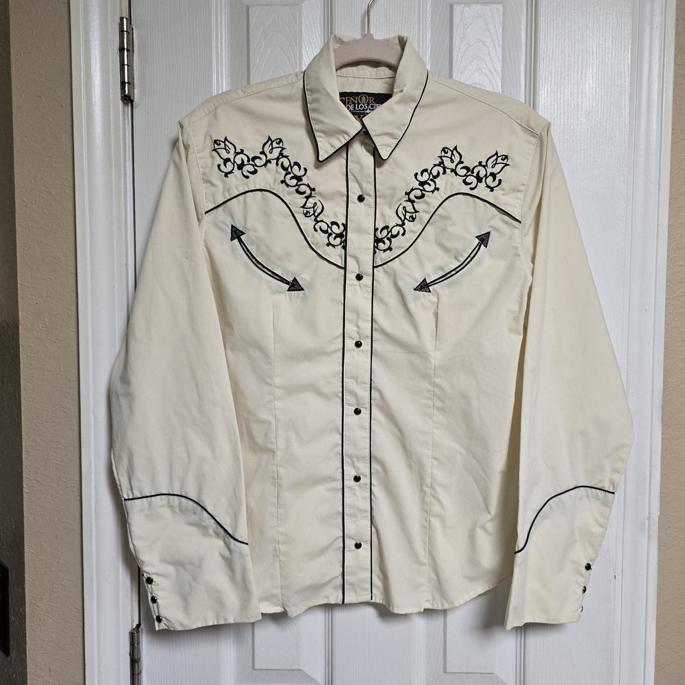 Señor de los Cielos XL Western Shirt Embroidered Cream Black Pearl Snap Cowboy